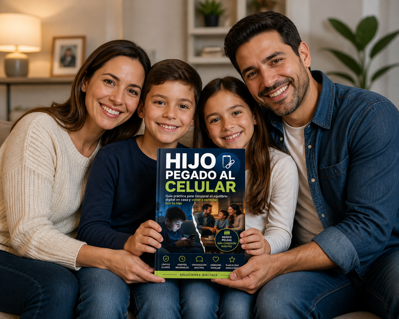 Familia feliz sosteniendo el libro Hijo Pegado al Celular
