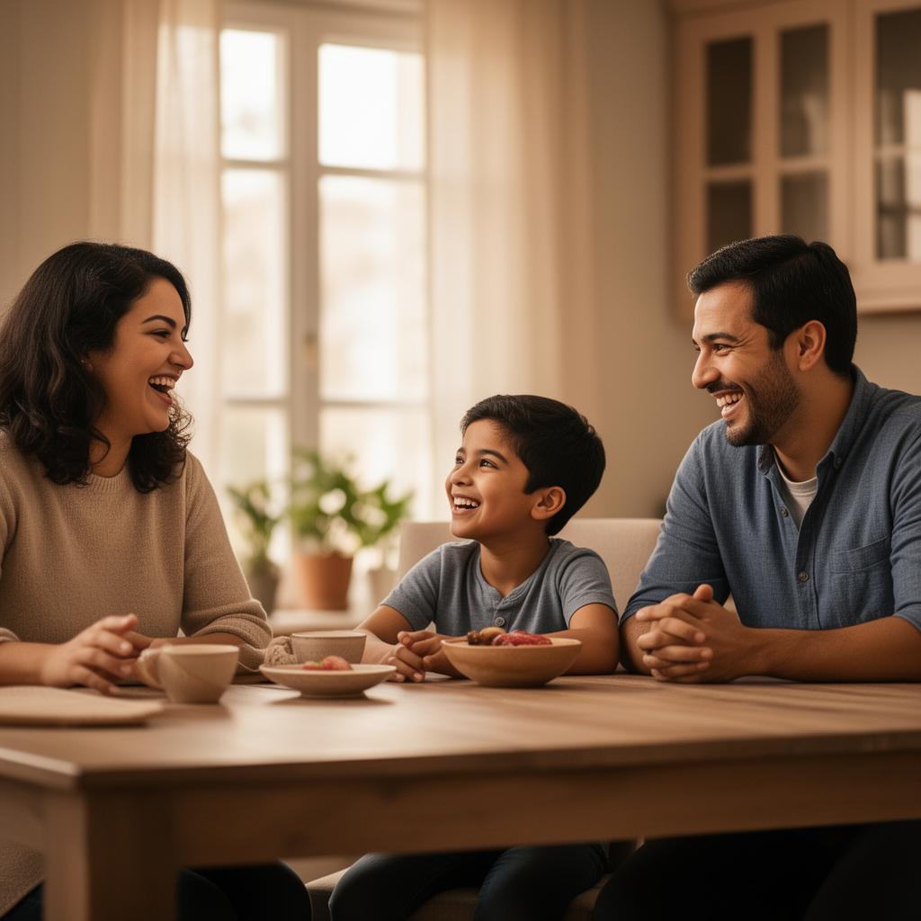 Familia conversando y riendo juntos en casa, sin celulares de por medio