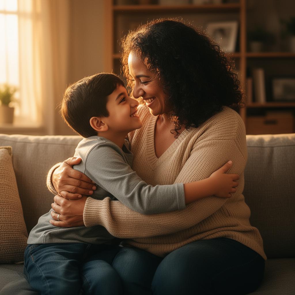 Madre e hijo reconectados, sonriendo y abrazados sin pantallas