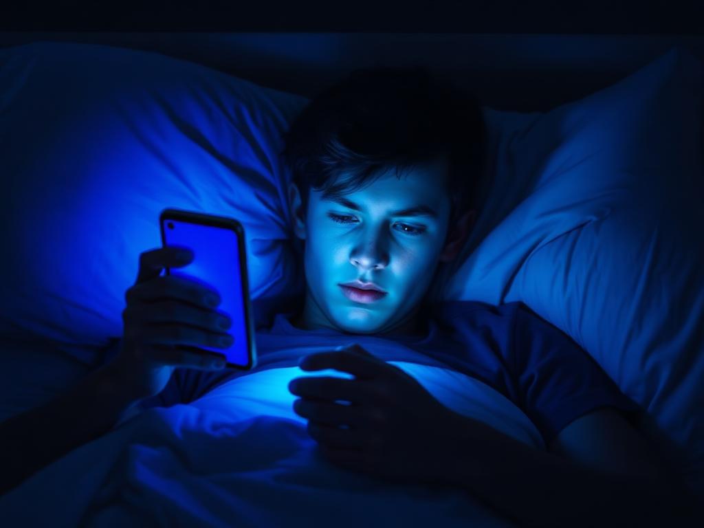 Adolescente en cama de noche pegado al celular